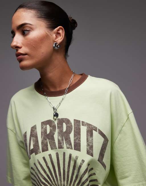 Topshop graphic Biarritz oversized ringer tee in green