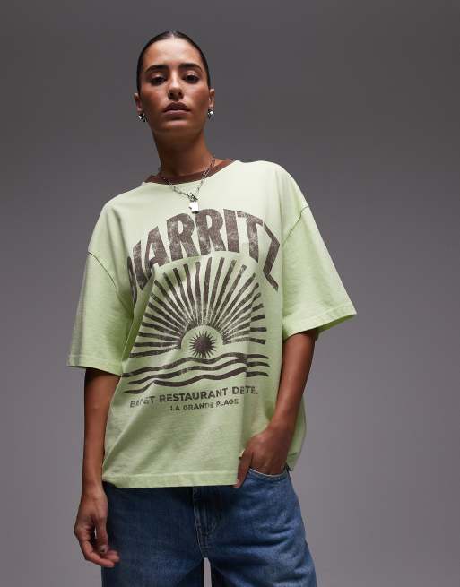 Topshop graphic Biarritz oversized ringer tee in green