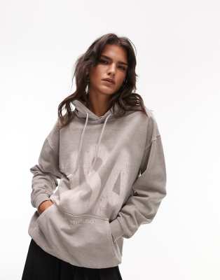 Topshop graphic blurred USA vintage wash oversized hoodie in taupe