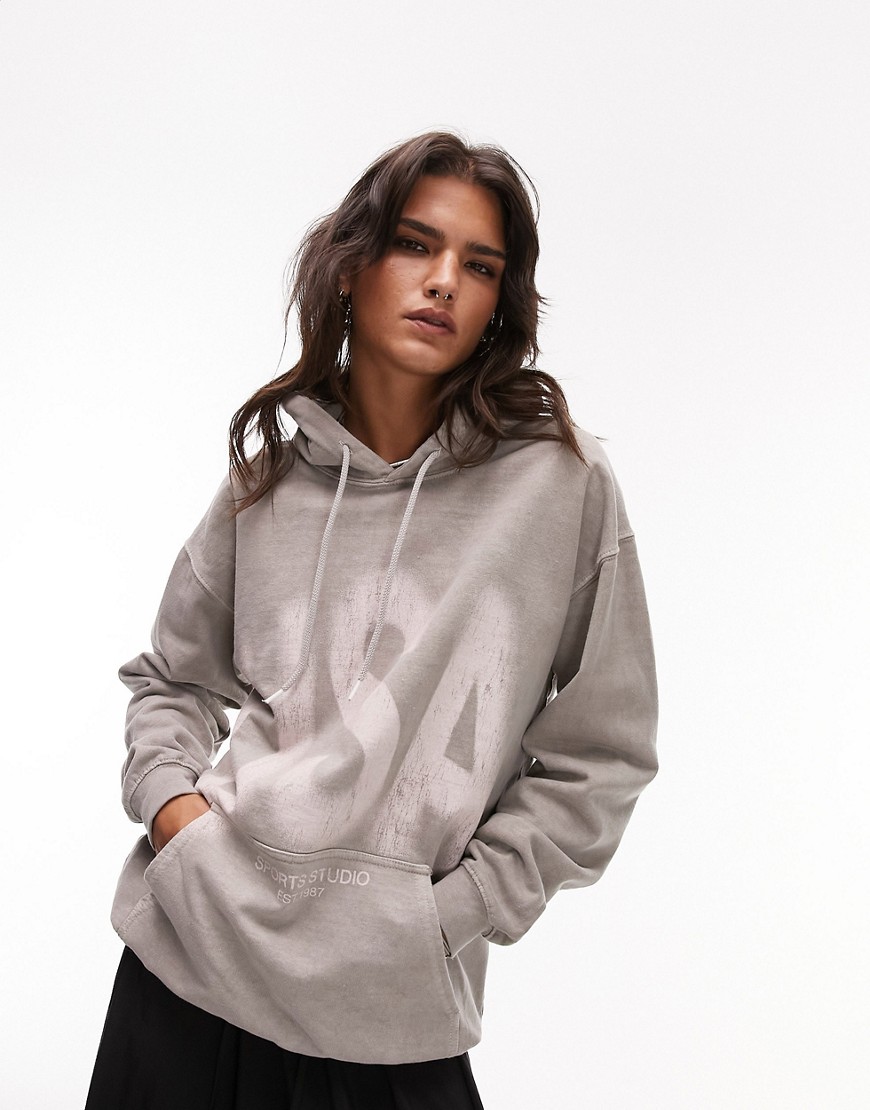 Topshop graphic blurred USA vintage wash oversized hoodie in taupe-Neutral
