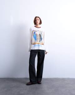 Model wearing Graphic Brasilia contrast ringer skater tee in white