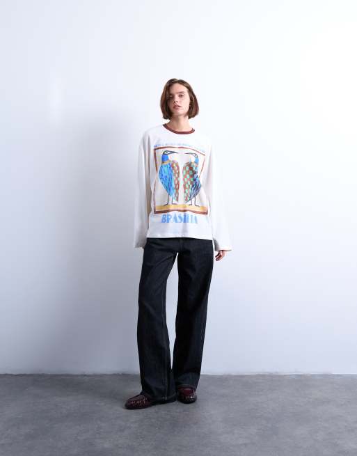 Topshop graphic Brasilia contrast ringer skater tee in white, 2 of 4