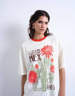 Model wearing Graphic cactus contrast ringer oversized tee in ecru