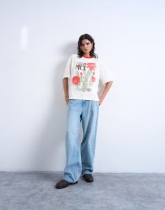 Model wearing Graphic cactus contrast ringer oversized tee in ecru