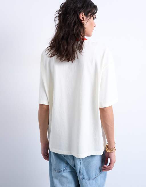 Topshop graphic cactus contrast ringer oversized tee in ecru, 3 of 4