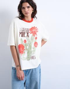 Model wearing Graphic cactus contrast ringer oversized tee in ecru