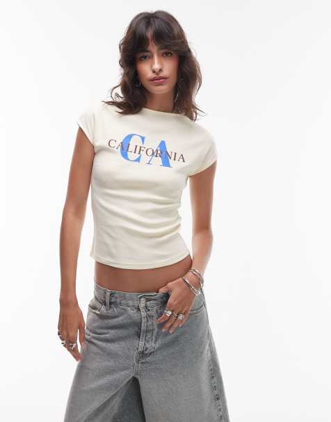Topshop graphic California puff print cap sleeve baby tee in buttermilk - view 1
