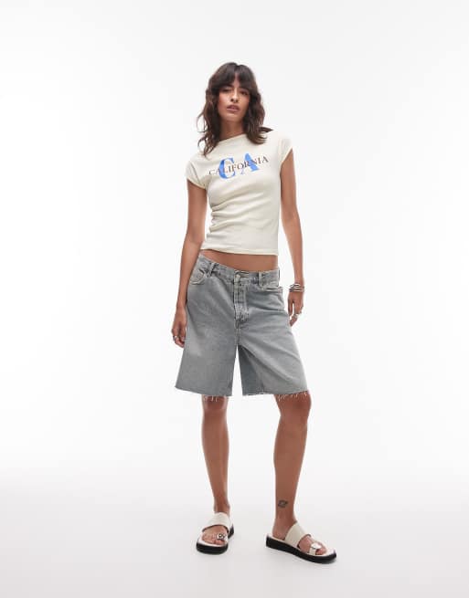 Topshop graphic California puff print cap sleeve baby tee in buttermilk