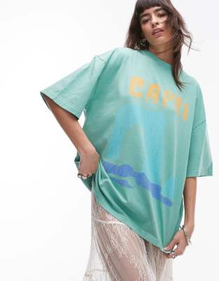 Topshop graphic Capri oversized tee in green | ASOS