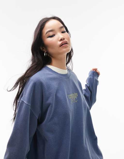 Topshop graphic chain stitch vintage wash sweatshirt in blue part of a set