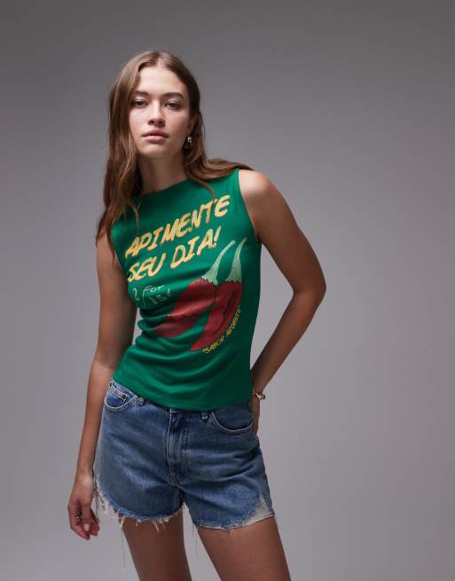 Topshop graphic chili tank in green