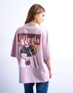 Graphic ciliegia back print oversized tee in pink