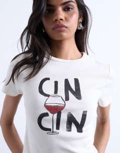 Model wearing Graphic cin cin baby tee in white