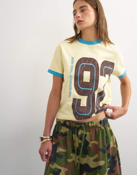 Topshop graphic colour block cuff tee in yellow - view 1