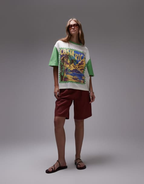 Topshop graphic Costa Rica contrast sleeve oversized tee in white - view 1