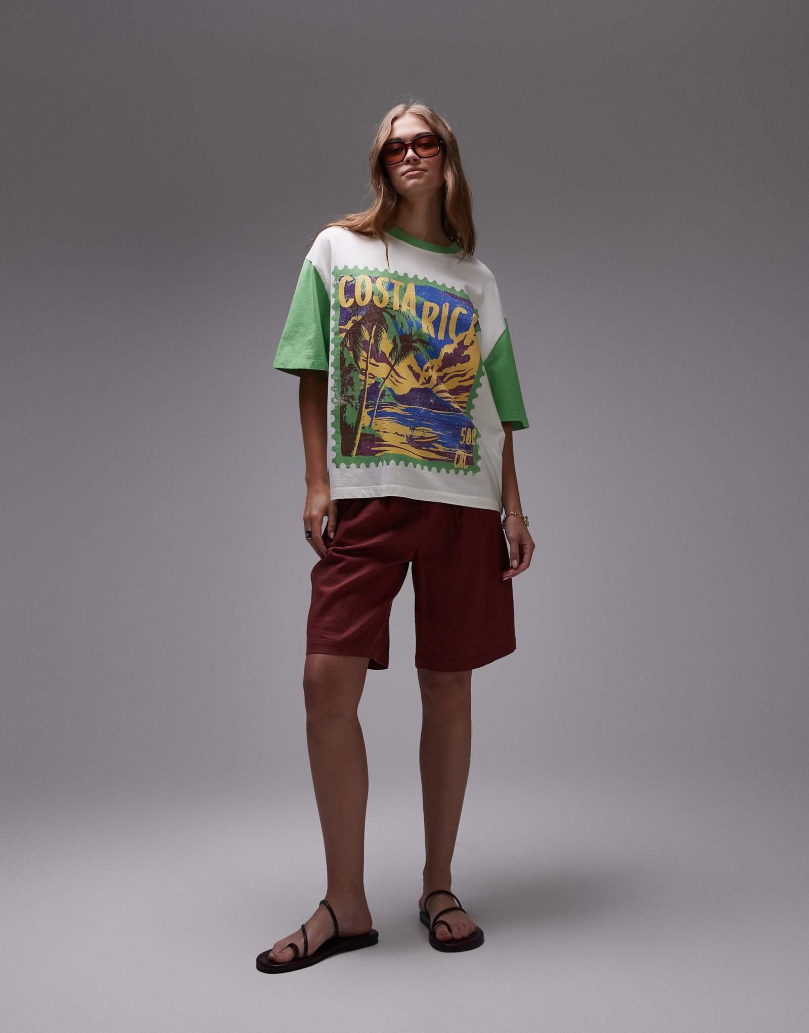 Белая футболка оверсайз с контрастным рукавом и рисунком Topshop graphic Costa Rica белого цвета
