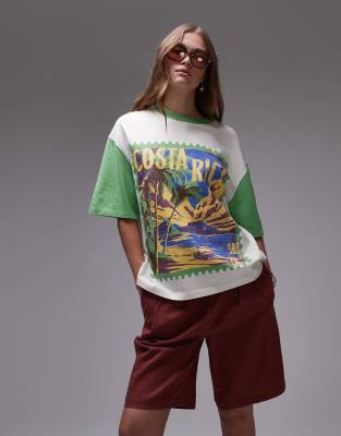 Topshop Graphic Costa Rica Contrast Sleeve Oversized Tee In White