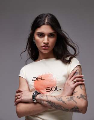 Topshop Graphic Del Sol Cap Sleeve Slash Neck Tee In Yellow