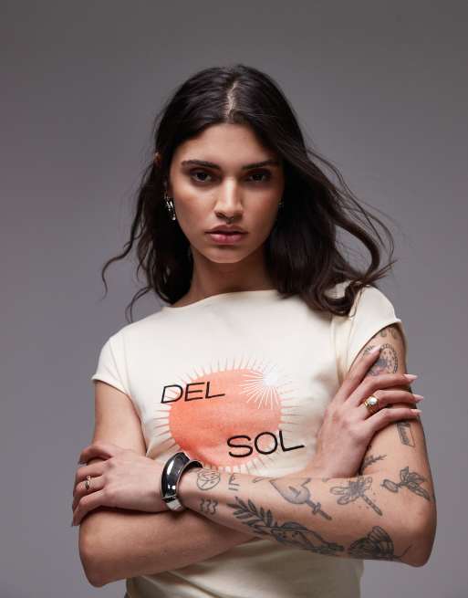 Topshop graphic del sol cap sleeve slash neck tee in yellow, 2 of 4