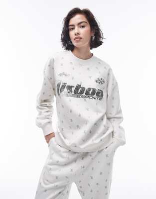 Topshop Graphic Ditsy Lisboa Oversized Sweatshirt In Ecru - Part Of A Set-white