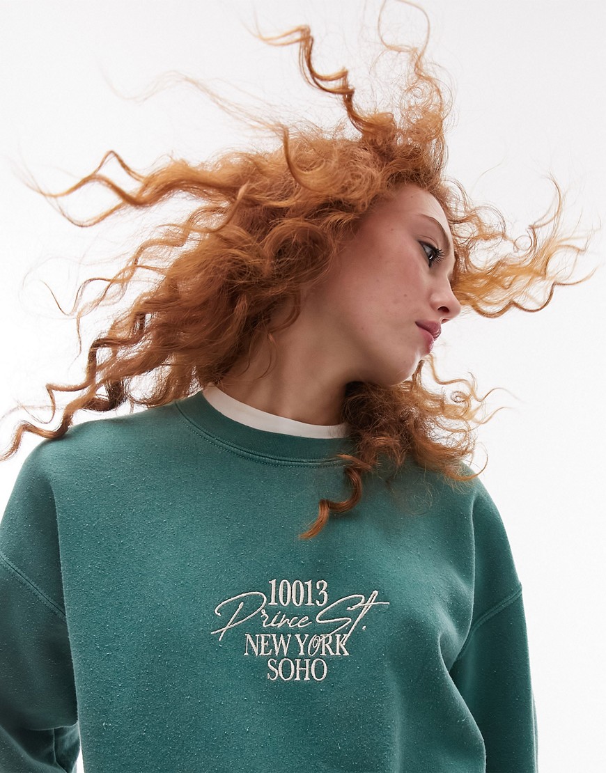 Topshop graphic embroidered 10013 new york soho vintage wash sweat in green