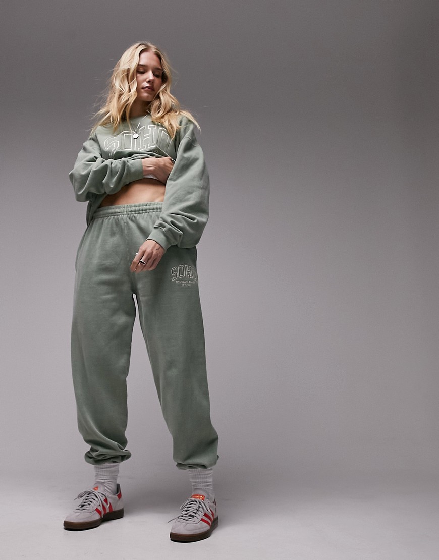Topshop Graphic Embroidered Soho Oversized Vintage Wash Sweatpants In Green - Part Of A Set