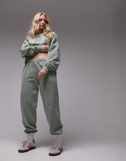 Topshop graphic embroidered Soho oversized vintage wash sweatpants in green  - part of a set