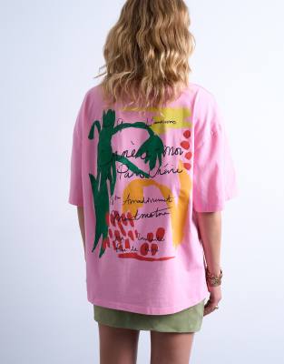 Topshop Graphic Emmne-moi Paris Oversized Tee In Pink