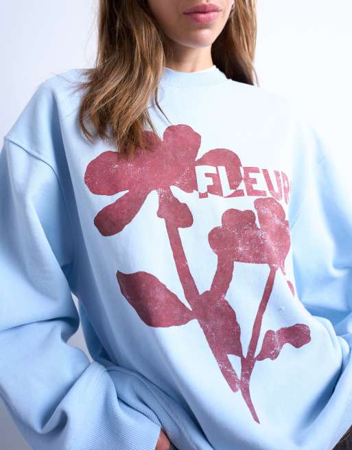 Topshop graphic fleuri print oversized sweatshirt in light blue, 3 of 4