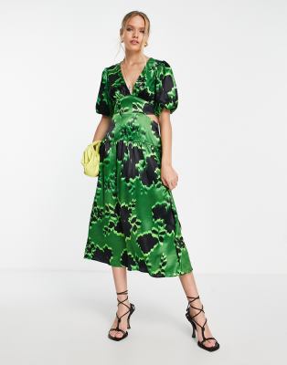 Topshop Graphic Floral Cut Out Waist Midi Dress In Green