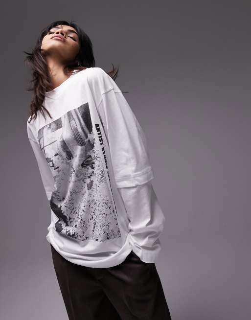 Topshop graphic floral long sleeve 2 in 1 skater tee in ecru