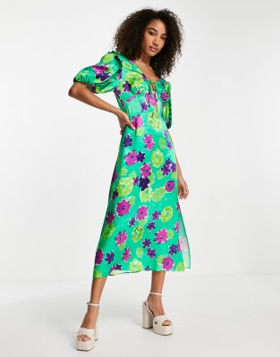 Topshop Graphic Floral Midi Angel Sleeve Dress In Green