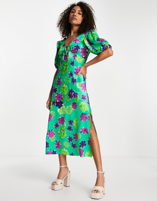 Topshop graphic floral midi angel sleeve dress in green