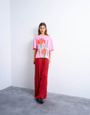 Topshop Graphic Floral Print Oversized Tee In Pink