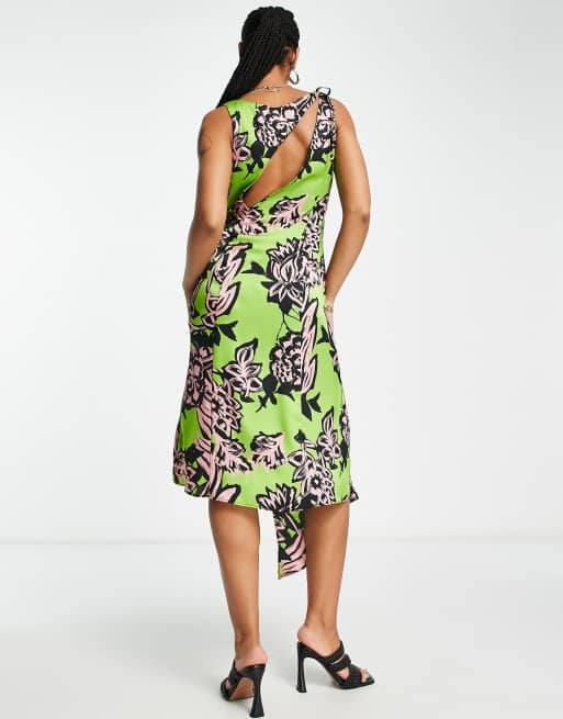 トップショップ Topshop graphic floral wrap midi dress in green and