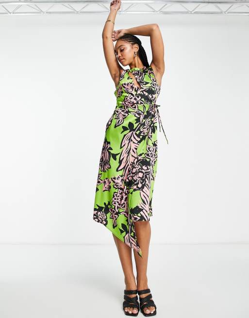 トップショップ Topshop graphic floral wrap midi dress in green and