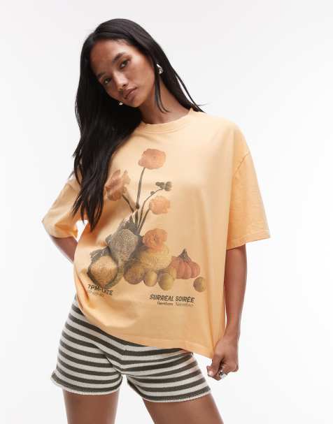 Topshop graphic flower print oversized tee in orange - view 1