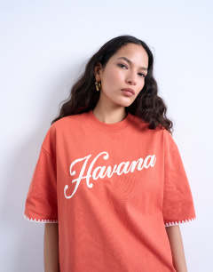 Graphic Havana oversized whip stitch tee in orange