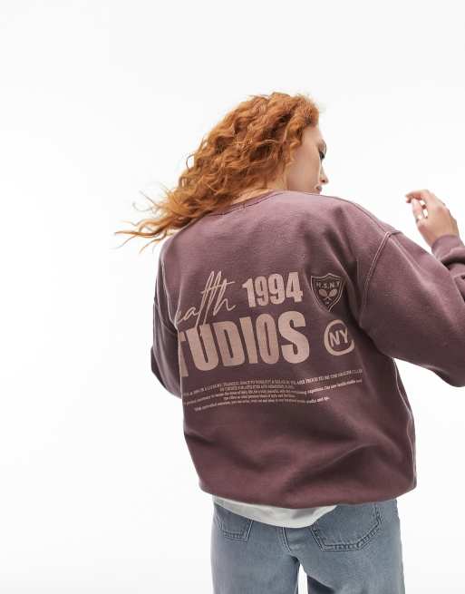 Topshop graphic health studio vintage wash sweat in plum