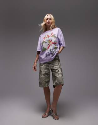 Topshop graphic hibiscus print oversized tee in lilac - view 1