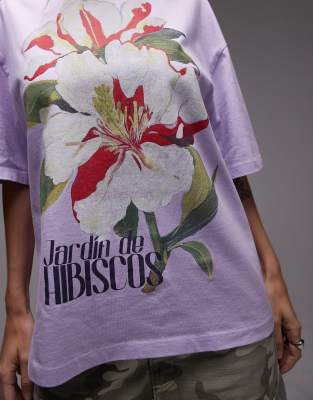 Topshop Graphic Hibiscus Print Oversized Tee In Purple