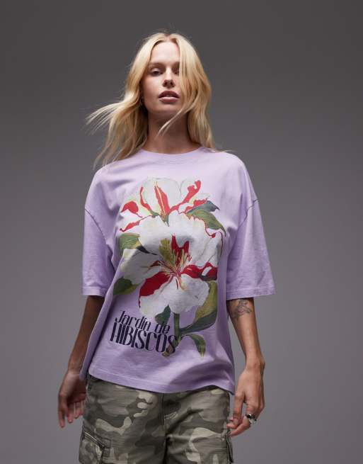 Topshop graphic hibiscus print oversized tee in lilac