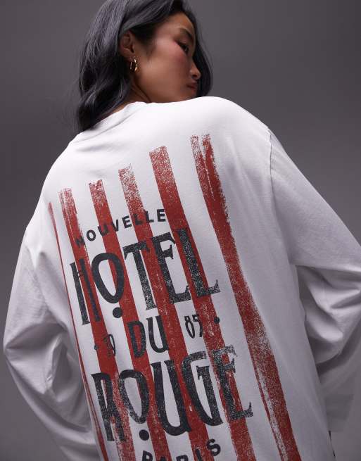 Topshop graphic hotel rouge long sleeve skater tee in white