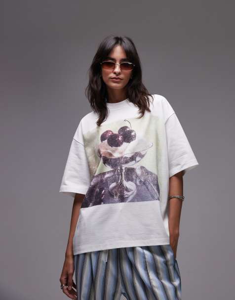 Topshop graphic ice cream print oversized tee in white - view 1