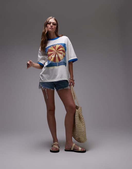 Topshop graphic laguna carosel contrast ringer oversized tee in ecru