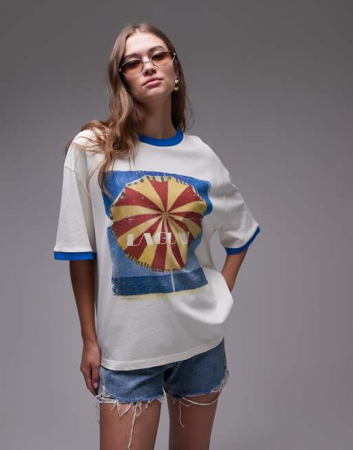 Topshop graphic laguna carosel contrast ringer oversized tee in ecru