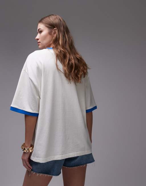 Topshop graphic laguna carosel contrast ringer oversized tee in ecru