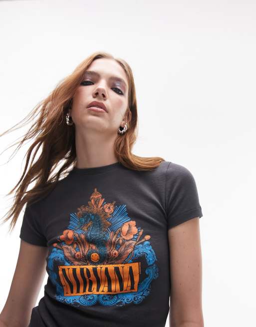 Topshop graphic licence Nirvana seahorse baby tee in charcoal