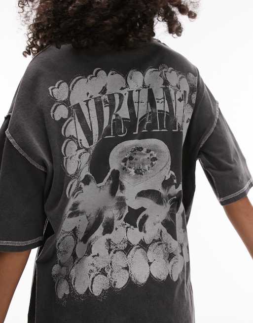 Topshop graphic licence Nirvana seam detail oversized tee in charcoal, 4 of 4