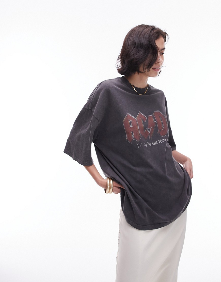 Topshop Graphic License Ac/dc Nibbled Oversized Tee In Charcoal-gray